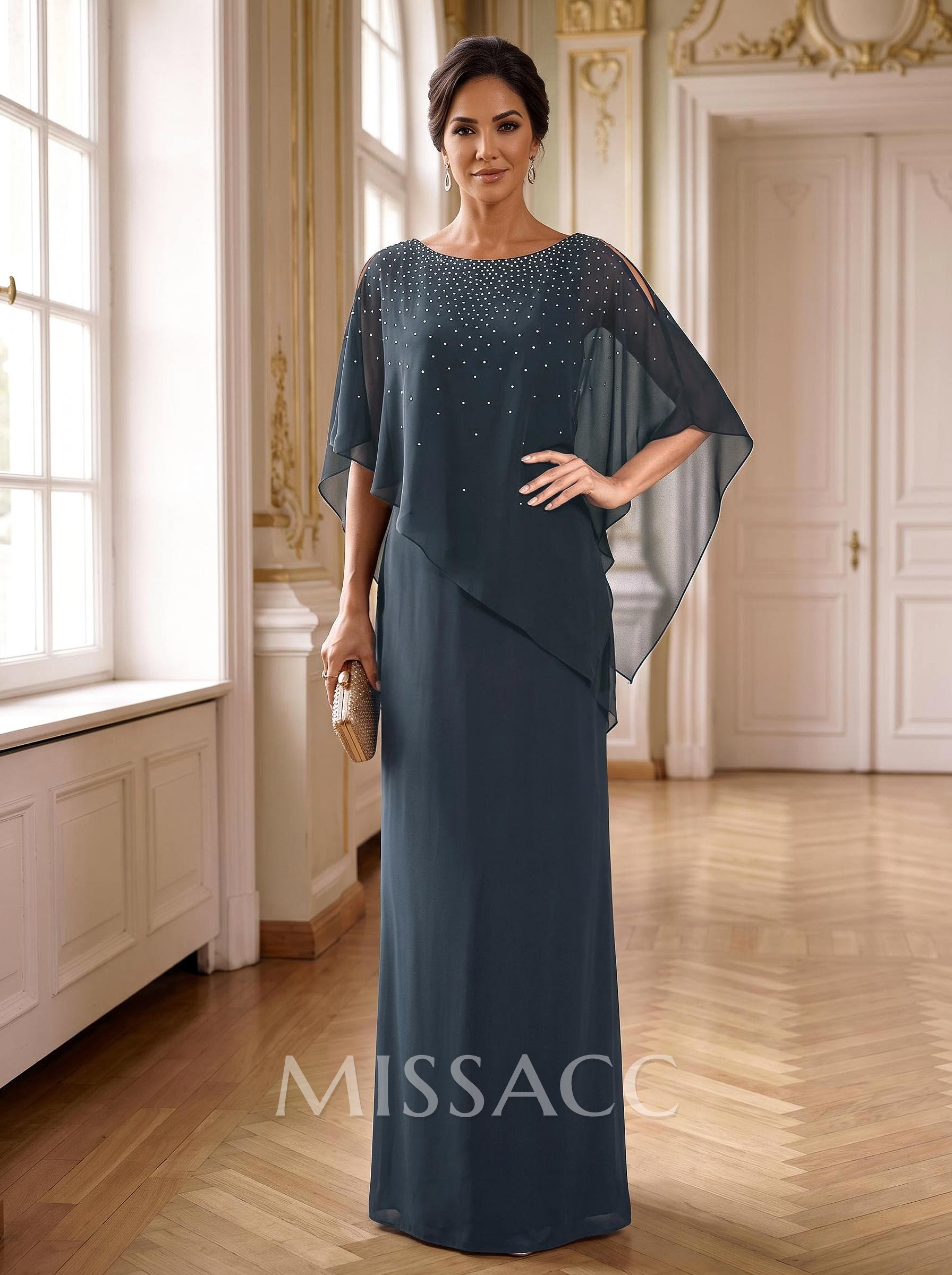 Sheath/Column Scoop Neck 1/2 Sleeves Chiffon Mother Of The Bride Dresses Sheath/Column Scoop Neck 1/2 Sleeves Chiffon Mother Of The Bride Dresses