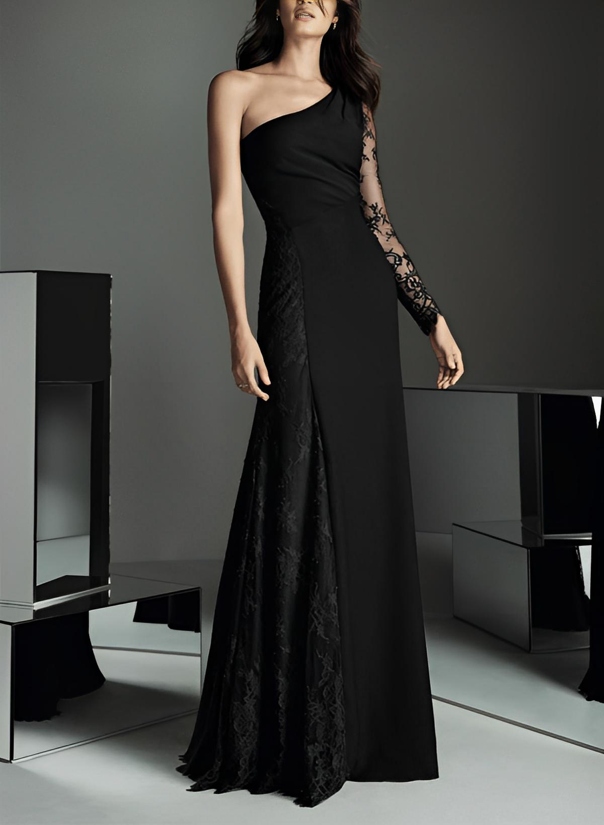 Elegant One-Shoulder Long Sleeves Floor-Length Mother Of The Bride Dresses With Lace