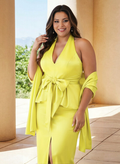 Unique Halter Plunge Neck Bow Accented Mother Of The Bride Dresses With Shawl