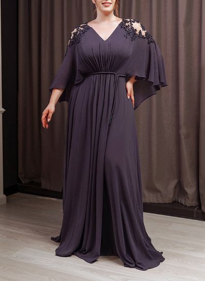 Plus Size V-Neck Long Sleeves Floor-Length Chiffon Mother Of The Bride Dresses