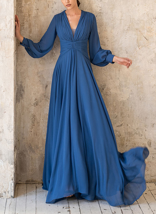 Elegant V-Neck Long Sleeves Floor-Length Chiffon Evening Dresses