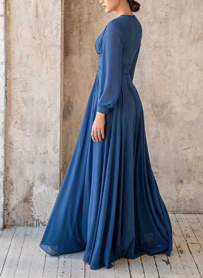 Elegant V-Neck Long Sleeves Floor-Length Chiffon Evening Dresses