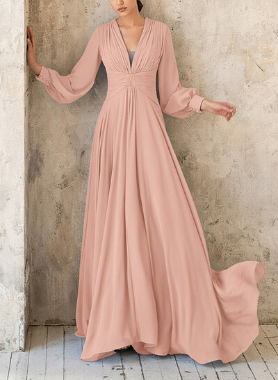 Elegant V-Neck Long Sleeves Floor-Length Chiffon Mother Of The Bride Dresses