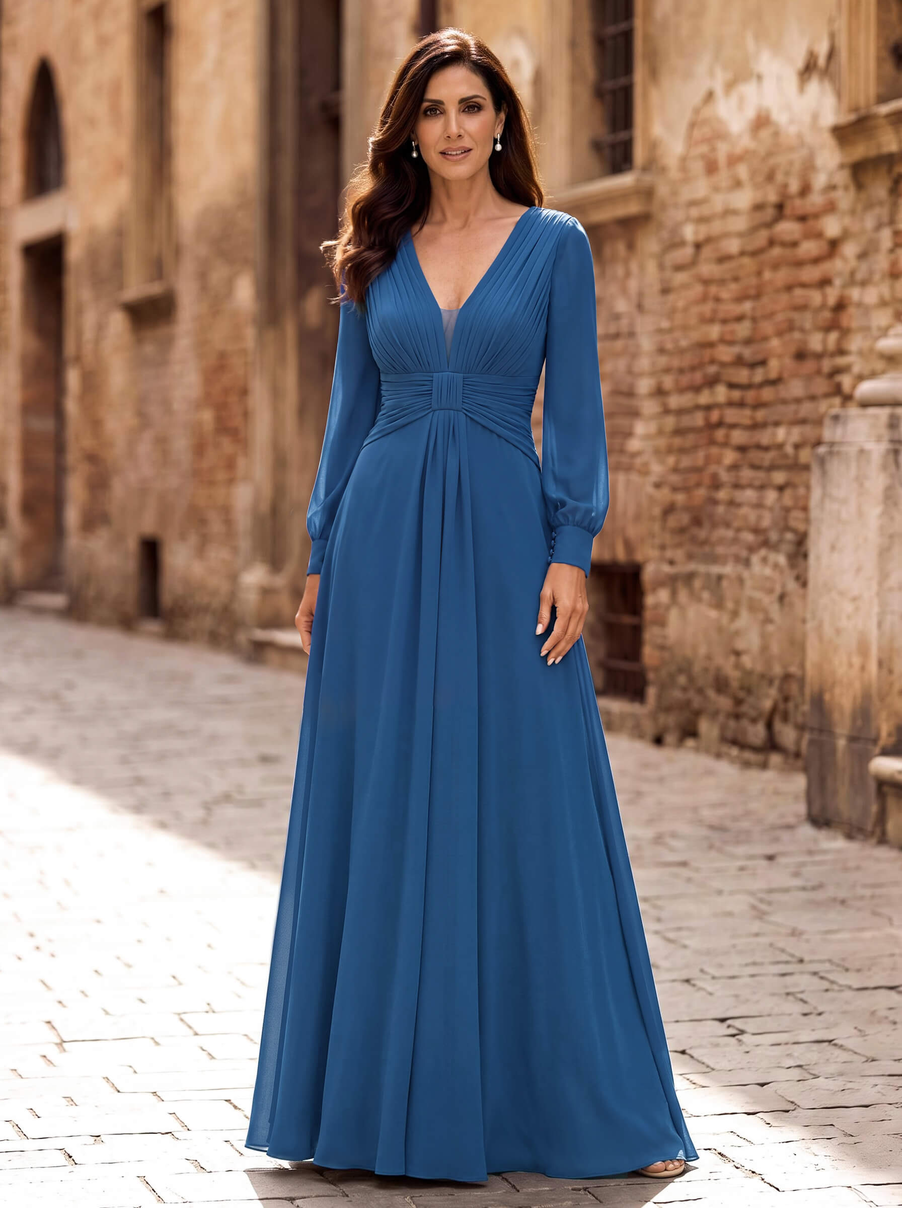 Elegant V-Neck Long Sleeves Floor-Length Chiffon Mother Of The Bride Dresses
