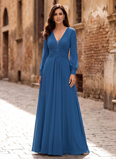 Elegant V-Neck Long Sleeves Floor-Length Chiffon Mother Of The Bride Dresses