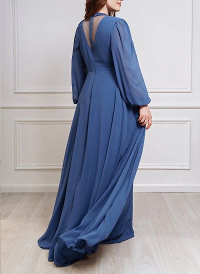 Plus Size Long Sleeves Floor-Length Chiffon Evening Dresses