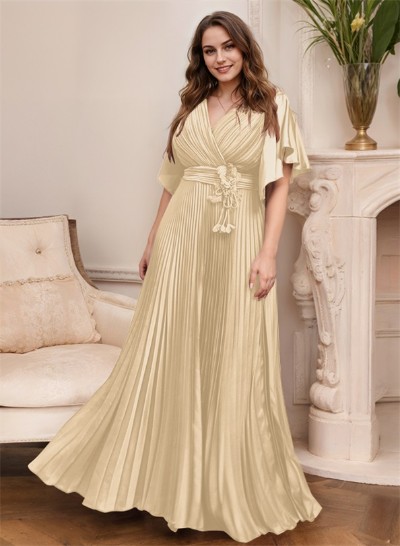 Elegant V-Neck Short Sleeves Floor-Length Mother Of The Bride Dresses With Pleated