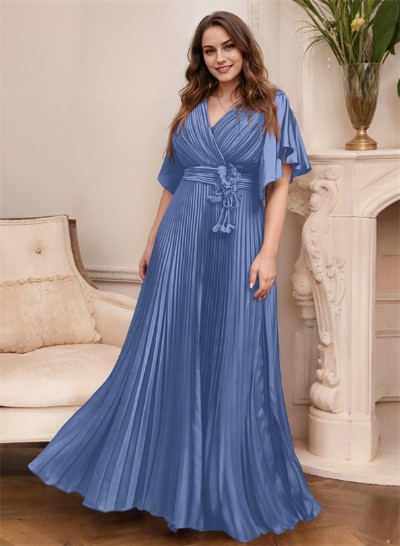 Elegant V-Neck Short Sleeves Floor-Length Mother Of The Bride Dresses With Pleated