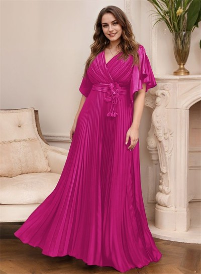 Elegant V-Neck Short Sleeves Floor-Length Mother Of The Bride Dresses With Pleated