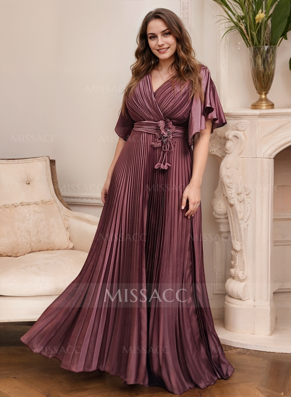 Elegant V-Neck Short Sleeves Floor-Length Mother Of The Bride Dresses With Pleated