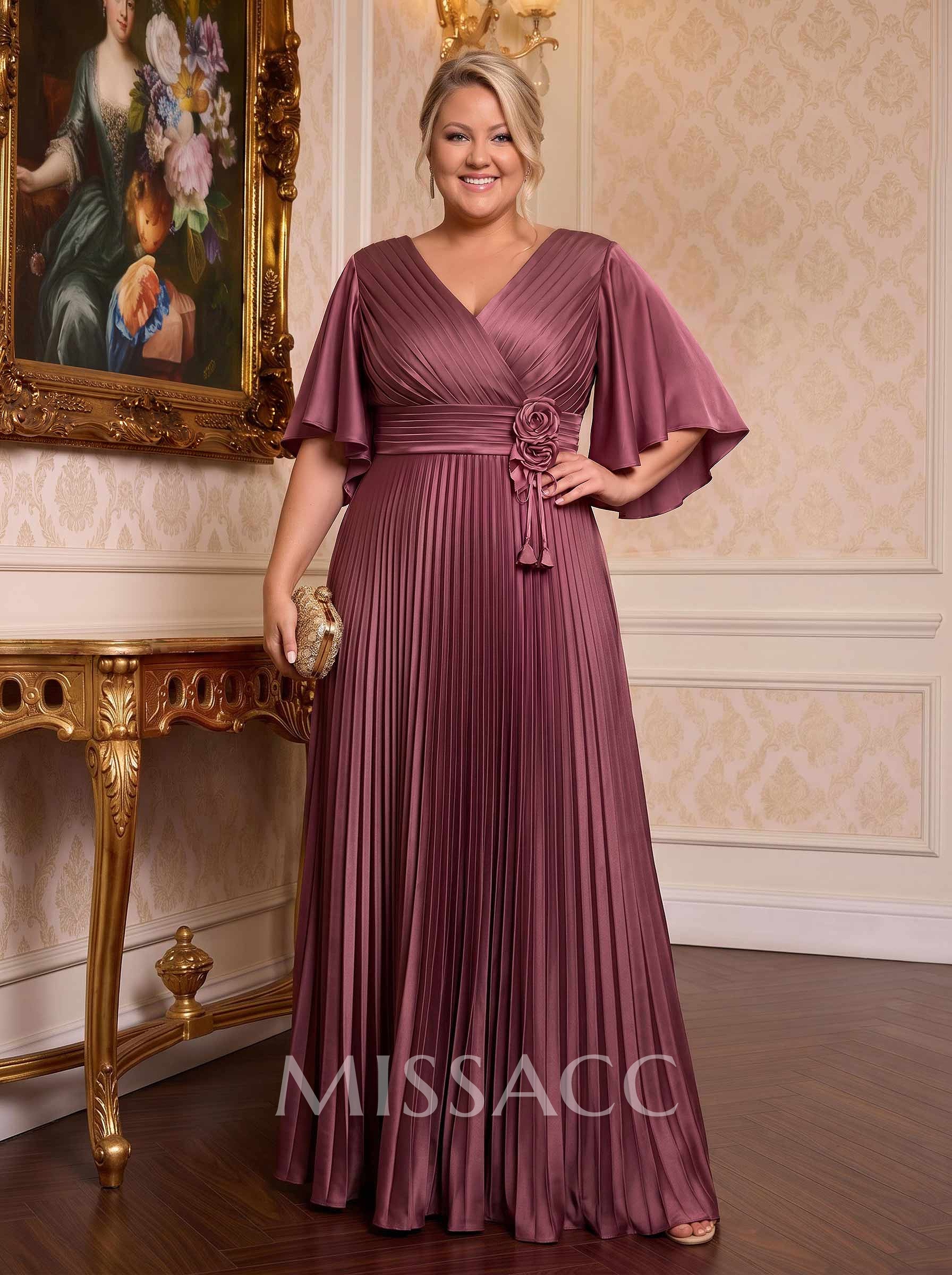 Elegant V-Neck Short Sleeves Floor-Length Mother Of The Bride Dresses With Pleated Elegant V-Neck Short Sleeves Floor-Length Mother Of The Bride Dresses With Pleated