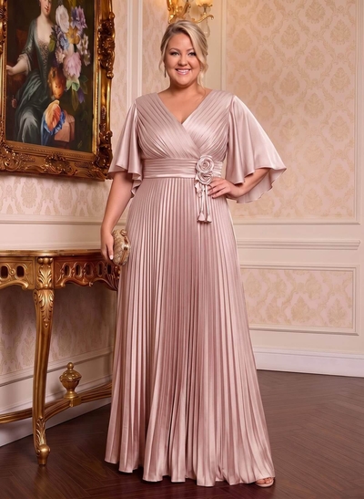 Elegant V-Neck Short Sleeves Floor-Length Mother Of The Bride Dresses With Pleated