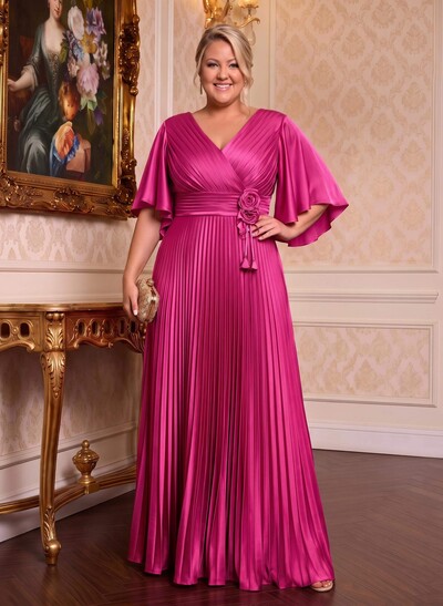 Elegant V-Neck Short Sleeves Floor-Length Mother Of The Bride Dresses With Pleated