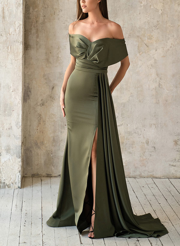 Elegant Off-The-Shoulder Sleeveless Sweep Train Charmeuse Mother Of The Bride Dresses