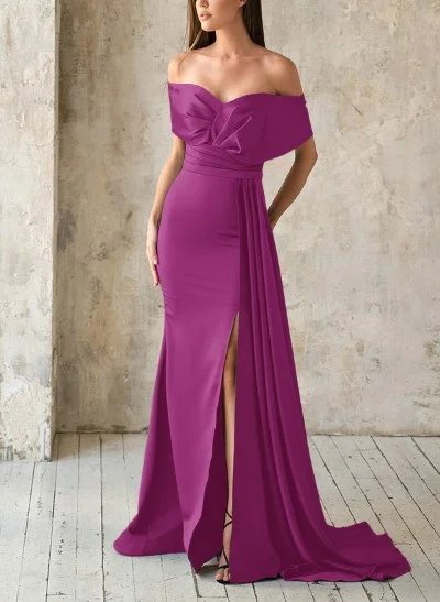 Missacc Hot Pink Mother of The Bride Dresses Elegant Off-The-Shoulder Sleeveless Sweep Train Mother of The Bride Dresses