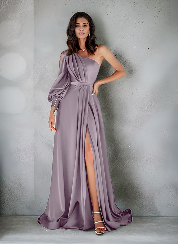 Elegant One-Shoulder Long Sleeves Floor-Length Satin Mother Of The Bride Dresses