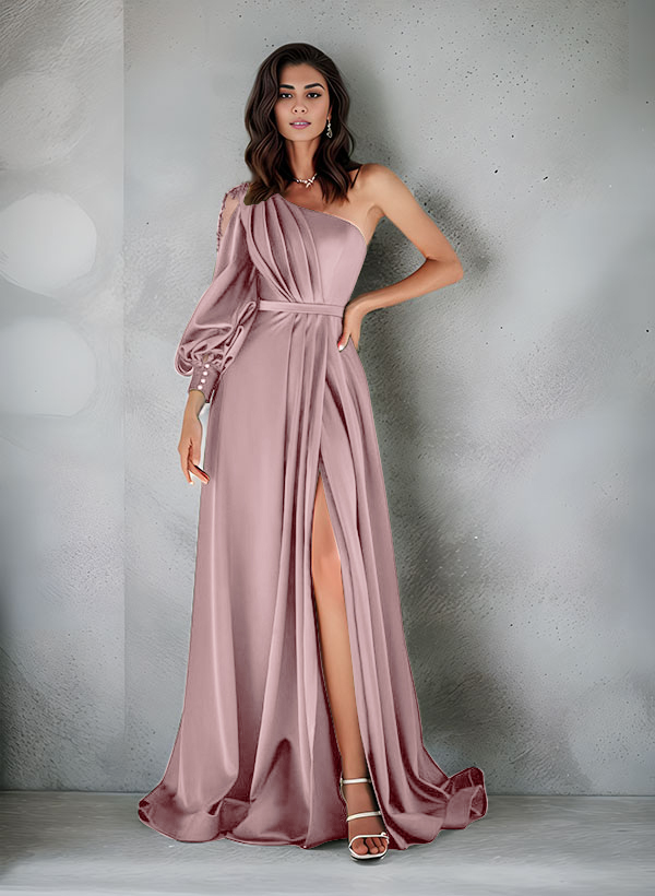 Elegant One-Shoulder Long Sleeves Floor-Length Satin Mother Of The Bride Dresses