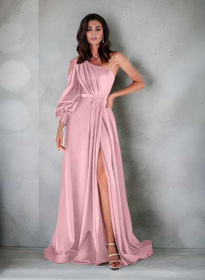 Elegant One-Shoulder Long Sleeves Floor-Length Charmeuse Mother Of The Bride Dresses
