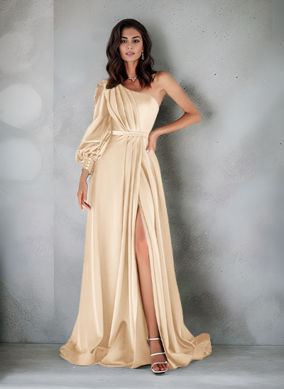 Elegant One-Shoulder Long Sleeves Floor-Length Charmeuse Evening Dresses