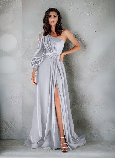 Elegant One-Shoulder Long Sleeves Floor-Length Charmeuse Mother Of The Bride Dresses