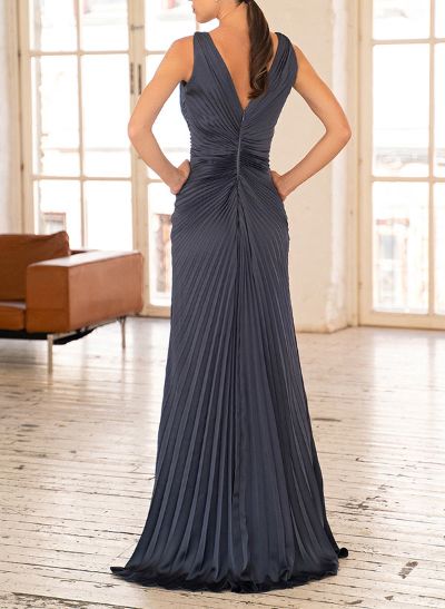 Elegant Pleated A-Line V-Neck Sleeveless Floor-Length Evening Dresses