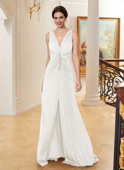 Elegant Pleated A-Line V-Neck Sleeveless Floor-Length Mother Of The Bride Dresses