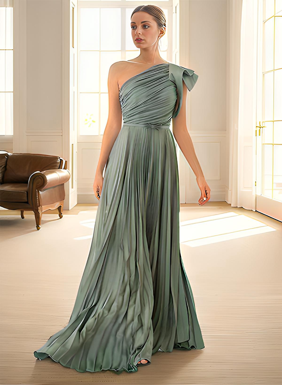 Elegant Pleated One-Shoulder Sleeveless Floor-Length Mother Of The Bride Dresses With Pleated