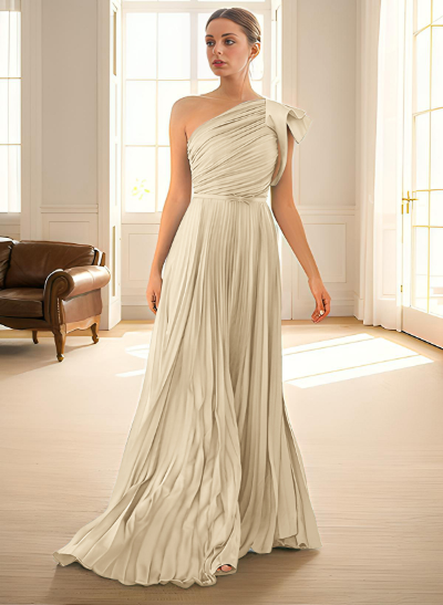 A-Line One-Shoulder Sleeveless Chiffon Bridesmaid Dresses With Pleated