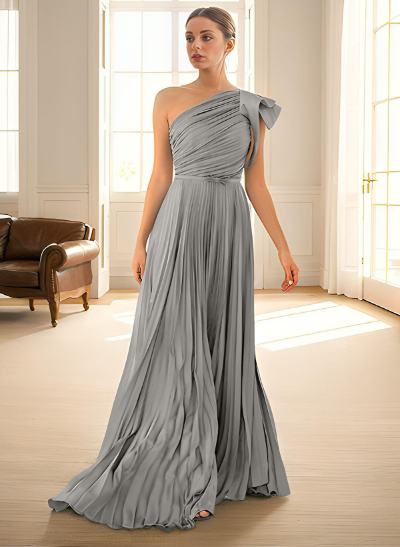 A-Line One-Shoulder Sleeveless Chiffon Bridesmaid Dresses With Pleated