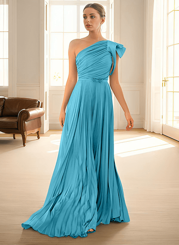 Elegant Pleated One-Shoulder Sleeveless Floor-Length Mother Of The Bride Dresses With Pleated