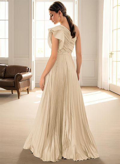 Elegant Pleated One-Shoulder Sleeveless Floor-Length Mother Of The Bride Dresses With Pleated