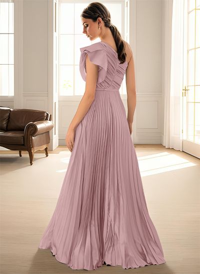 Elegant Pleated One-Shoulder Sleeveless Floor-Length Mother Of The Bride Dresses With Pleated