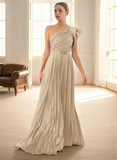 Elegant Pleated One-Shoulder Sleeveless Floor-Length Mother Of The Bride Dresses With Pleated