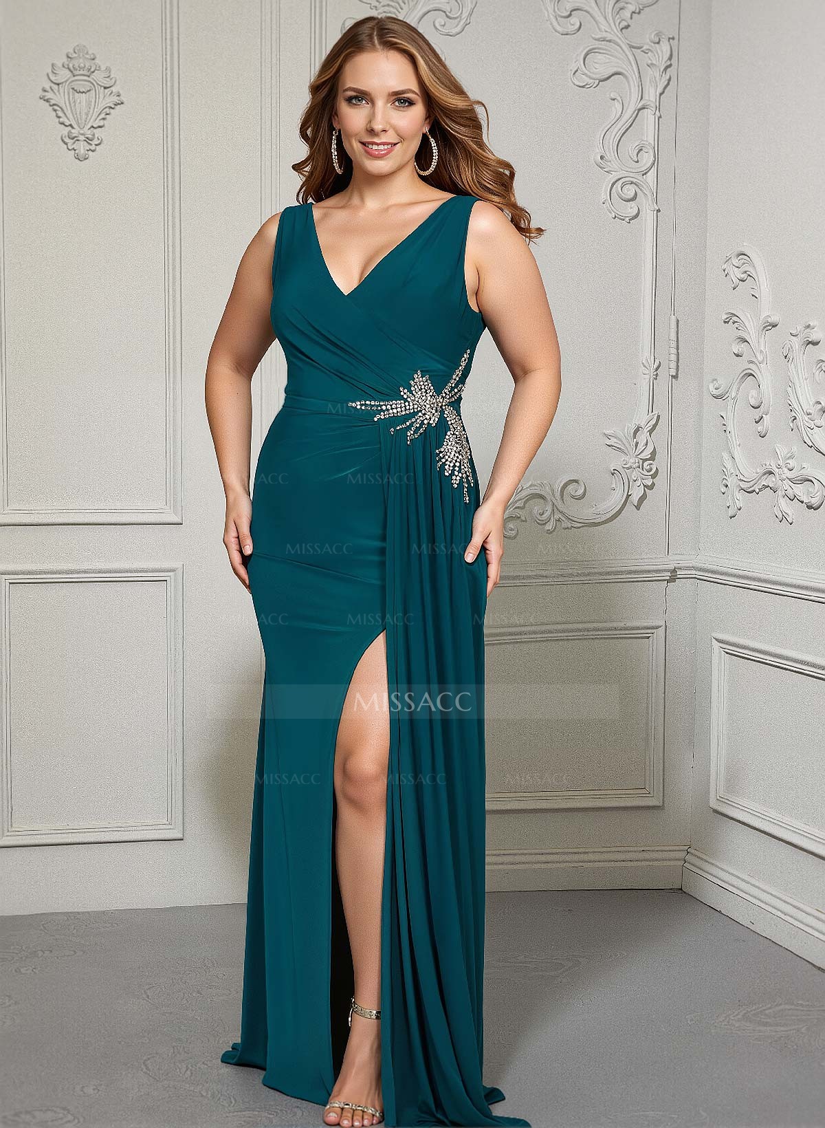 Curvy V-Neck Beading Slit Mother Of The Bride Dresses With Trumpet/Mermaid