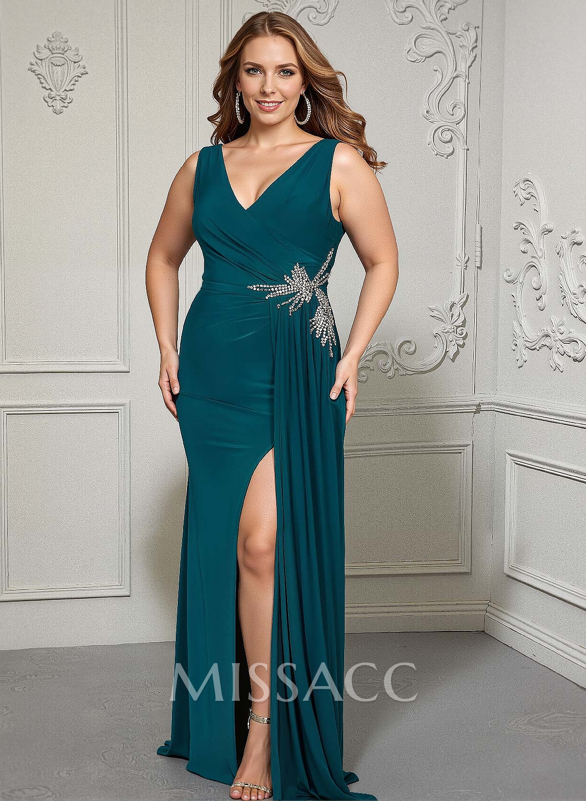 Curvy V-Neck Beading Slit Mother Of The Bride Dresses With Trumpet/Mermaid