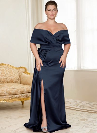 Curvy Simple Off-The-Shoulder Satin Mother Of The Bride Dresses