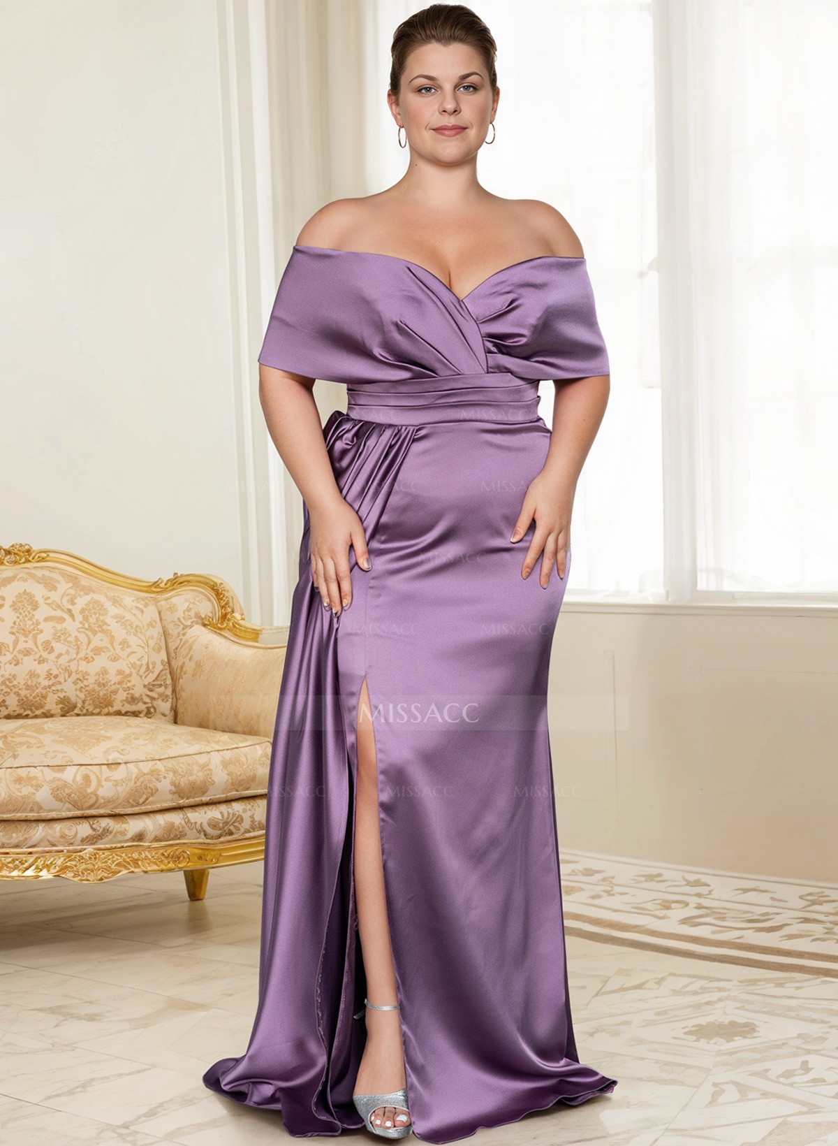 Curvy Simple Off-The-Shoulder Satin Mother Of The Bride Dresses