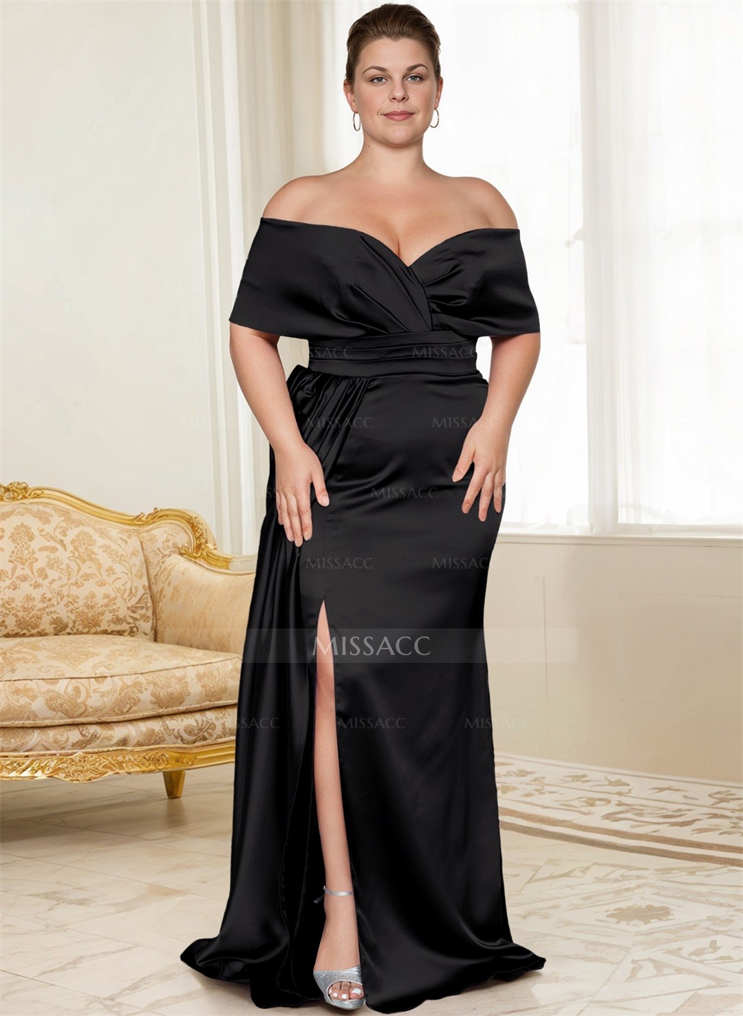 Curvy Simple Off-The-Shoulder Satin Mother Of The Bride Dresses