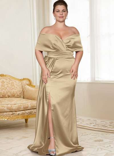 Curvy Simple Off-The-Shoulder Satin Mother Of The Bride Dresses