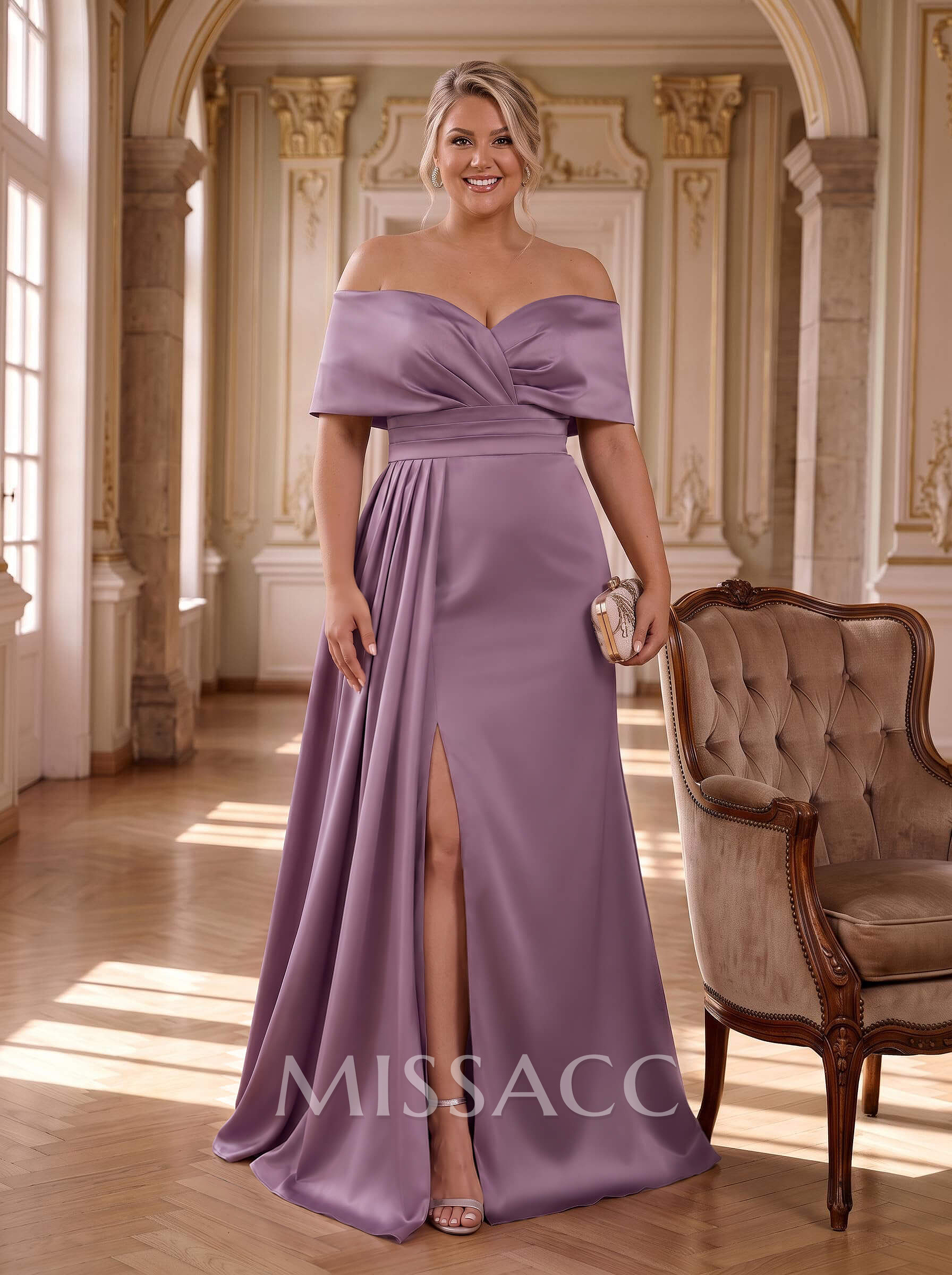 Curvy Simple Off-The-Shoulder Satin Mother Of The Bride Dresses