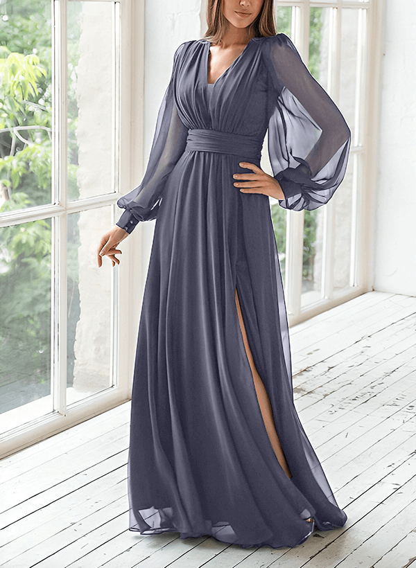A-Line V-Neck Long Sleeves Floor-Length Chiffon Mother Of The Bride Dresses With Split Front