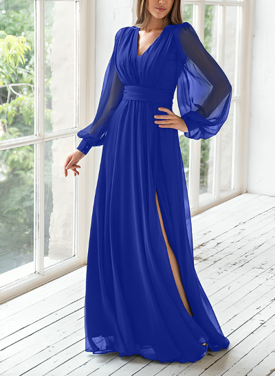 A-Line V-Neck Long Sleeves Floor-Length Chiffon Mother Of The Bride Dresses With Split Front