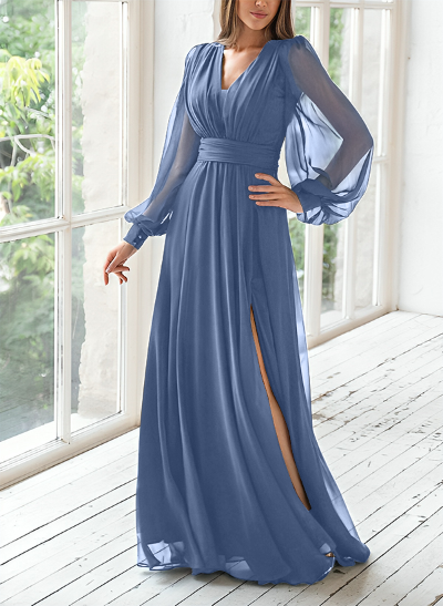 A-Line V-Neck Long Sleeves Floor-Length Chiffon Mother Of The Bride Dresses With Split Front