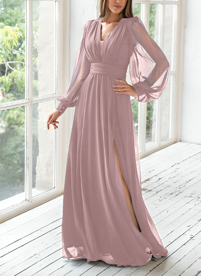 A-Line V-Neck Long Sleeves Floor-Length Chiffon Evening Dresses With Split Front