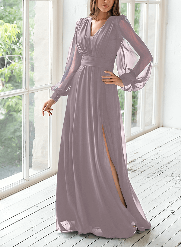 A-Line V-Neck Long Sleeves Floor-Length Chiffon Mother Of The Bride Dresses With Split Front