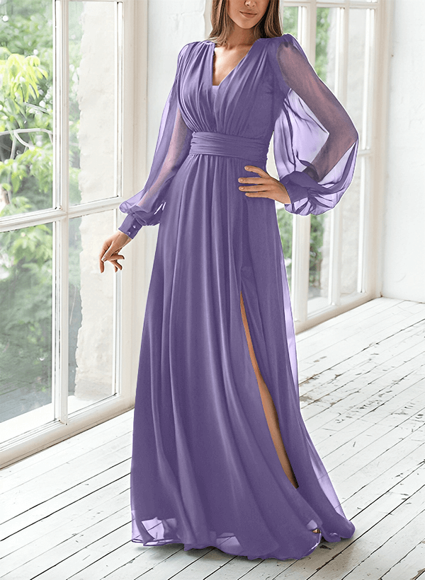 A-Line V-Neck Long Sleeves Floor-Length Chiffon Mother Of The Bride Dresses With Split Front