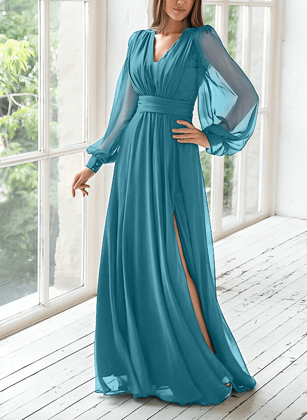 A-Line V-Neck Long Sleeves Floor-Length Chiffon Mother Of The Bride Dresses With Split Front