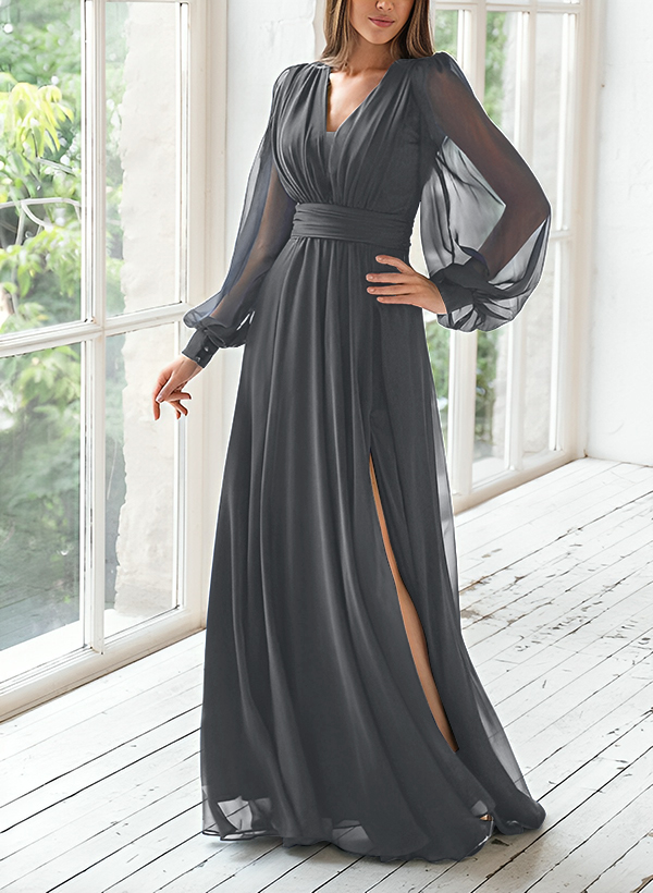 A-Line V-Neck Long Sleeves Floor-Length Chiffon Mother Of The Bride Dresses With Split Front