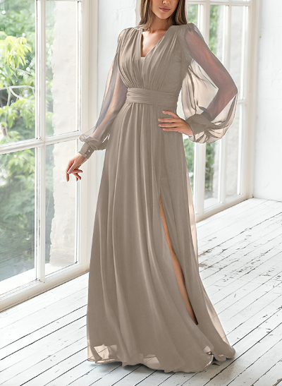 A-Line V-Neck Long Sleeves Floor-Length Chiffon Evening Dresses With Split Front