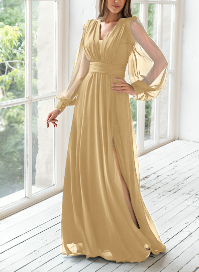 A-Line V-Neck Long Sleeves Floor-Length Chiffon Bridesmaid Dresses With Split Front